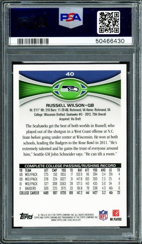 Russell Wilson Signed 2012 Topps Chrome RC #40A Seahawks PSA8 Auto 10 PSA/DNA view 2
