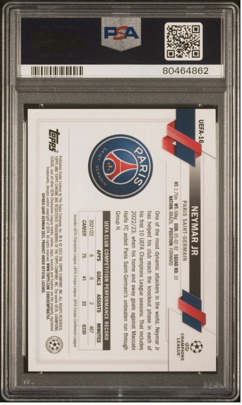 Neymar Jr 2023 Topps Chrome UEFA CC NSCC  Gold /50 PSA 10 Brazil view 2
