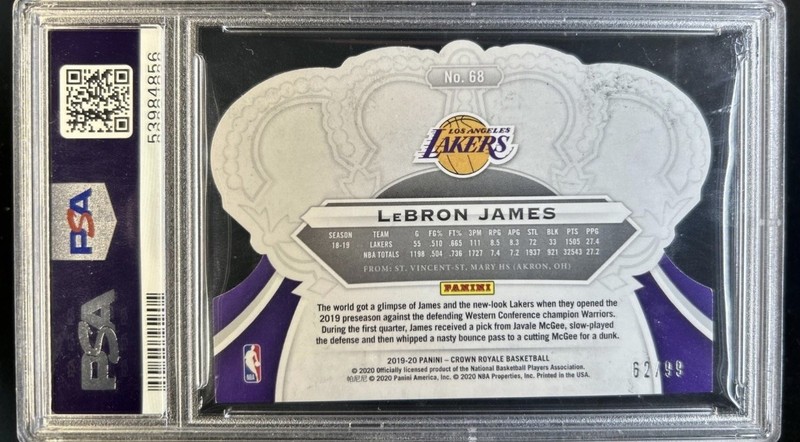 2019-20 Panini Crown Royale LeBron James Crystal Blue #/99 Lakers PSA 9 view 2