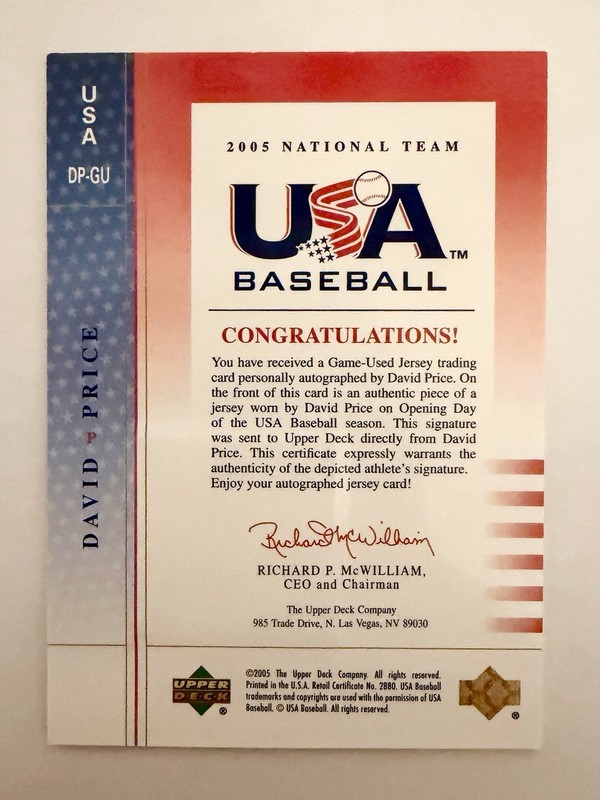 2005 Upper Deck USA DAVID PRICE Auto Relic /350 Jersey Autograph Game-Used SP view 2