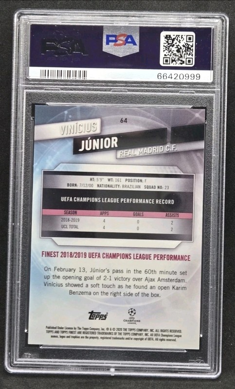 2019-20 Topps Finest UCL Vinicius Junior Madrid #64 Purple Refractor /250 PSA 9 view 2