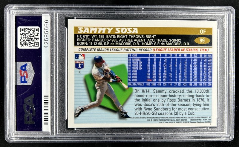 1996 Topps Chrome Sammy Sosa Refractor #99 Cubs PSA 10 GEM MINT view 2