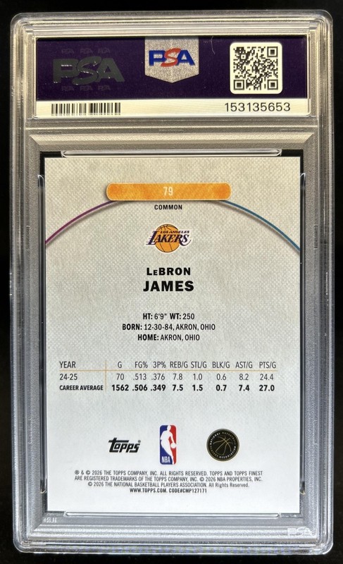 2025-26 Topps Finest LeBron James Common Gold Refractor #/50 Lakers PSA 9 view 2