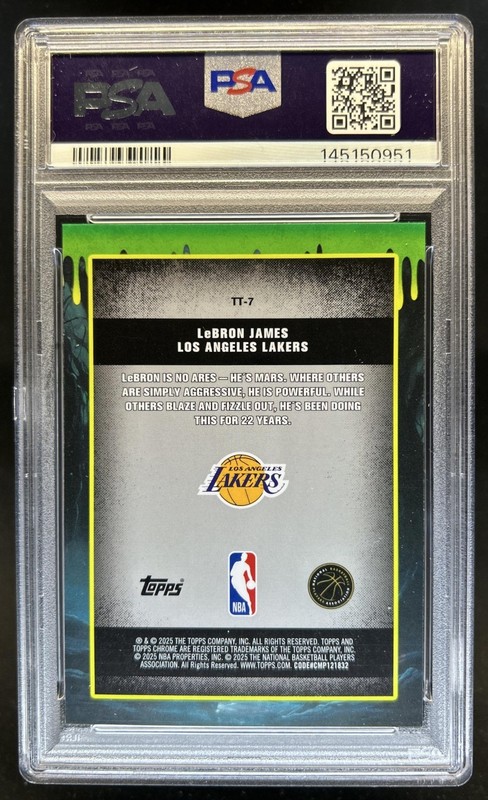 2025-26 Topps Chrome LeBron James Tall Tales Purple Refractor #/75 Lakers PSA 9 view 2