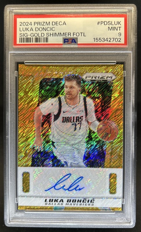 2024-25 Prizm Deca Luka Doncic Signatures Gold Shimmer Prizm FOTL Auto /10 PSA 9