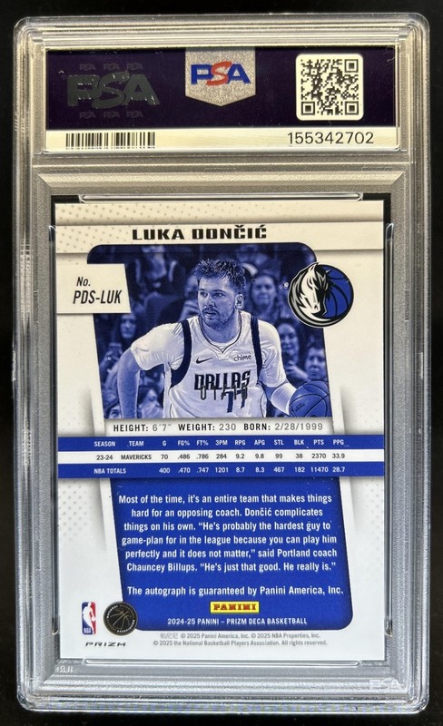 2024-25 Prizm Deca Luka Doncic Signatures Gold Shimmer Prizm FOTL Auto /10 PSA 9 view 2