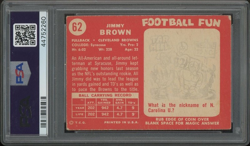 1958 Topps Football #62 Jim Brown Rookie PSA 3 (VG) view 2