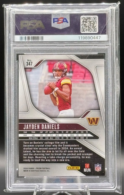 Jayden Daniels 2024 Panini Prizm #347 PSA 10 GEM MT Rookie RC Commanders view 2