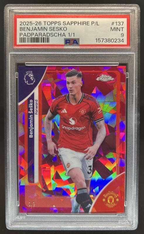 2026 Topps Chrome Sapphire Premier League Benjamin Sesko Padparadscha #1/1 PSA 9