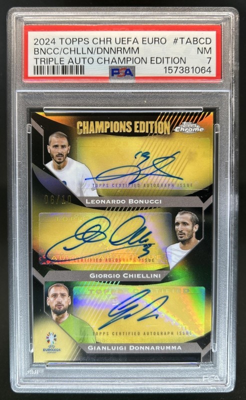 2023-24 Topps Chrome Bonucci Chiellini Gianluigi Donnarumma Auto #/10 PSA 7