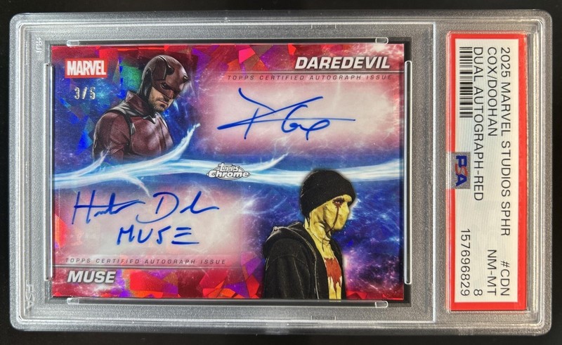 2025 Topps Chrome Marvel Sapphire Charlie Cox Hunter Doohan Auto Red #/5 PSA 8