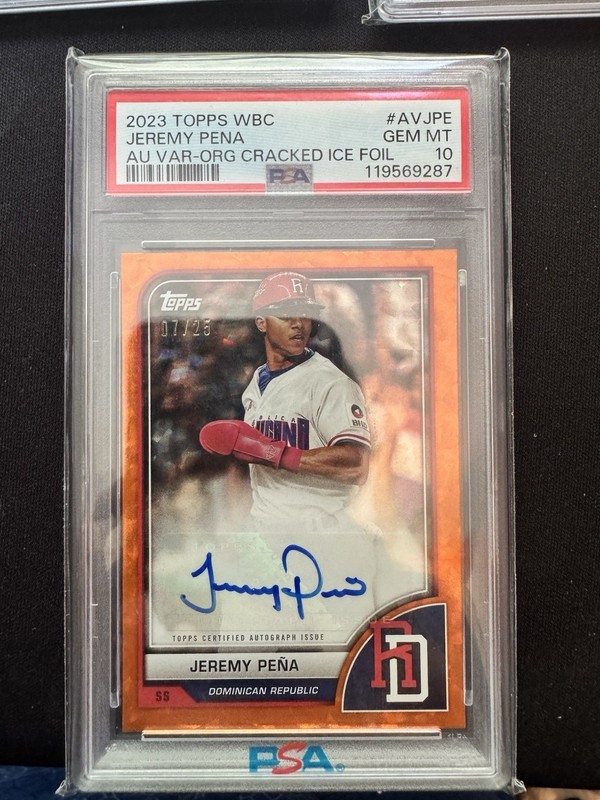 2023 Topps WBC Jeremy Peña Orange Cracked Ice Foil Auto Variation 07/25 PSA 10