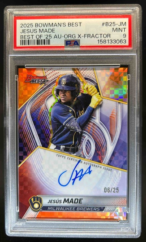 2025 Bowman's Best Jesus Made Auto Autograph Orange X-Fractor #/25 Brewers PSA 9