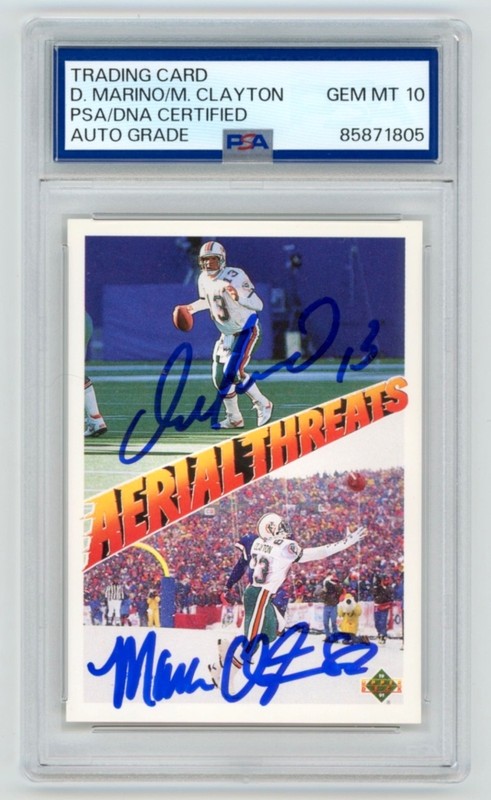 DAN MARINO & MARK CLAYTON Miami Dolphins Signed 1991 UD Card #34 PSA Auto 10