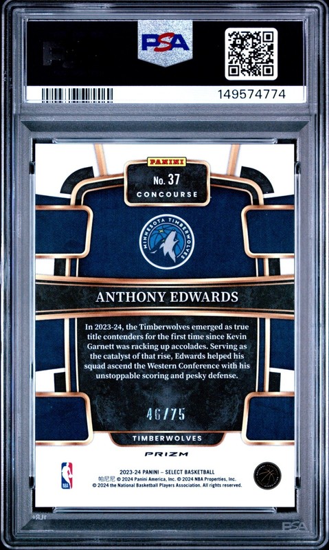 2023-24 Panini Select Basketball Anthony Edwards #37 Neon Green /75 PSA 10 view 2