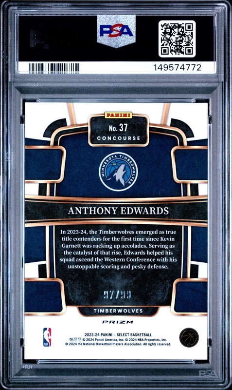2023-24 Panini Select Basketball Anthony Edwards #37 Pink Cracked Ice /99 PSA 10 view 2