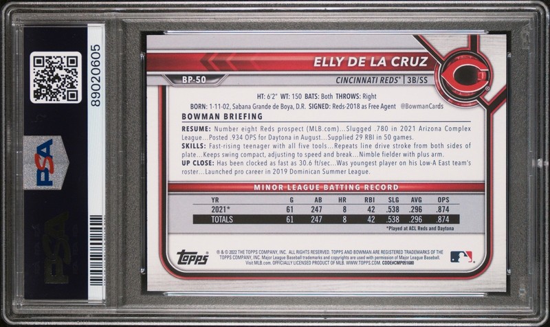 2022 Bowman Baseball Elly De La Cruz #BP-50 Paper Prospects PSA 10 view 2