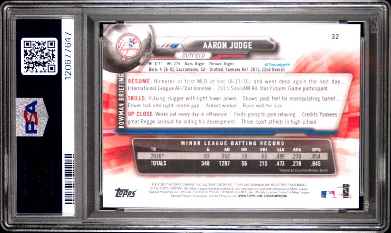 2017 Bowman Baseball Aaron Judge #32 RC Rookie PSA 9 view 2