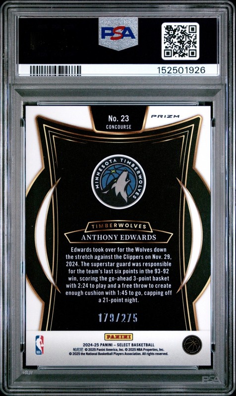 2024-25 Panini Select Basketball Anthony Edwards #23 Orange Cracked /275 PSA 9 view 2