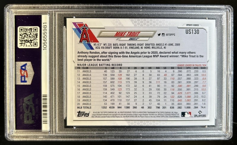 2021 Topps Update Mike Trout SP VAR #US130b Angels PSA 10 GEM MINT view 2