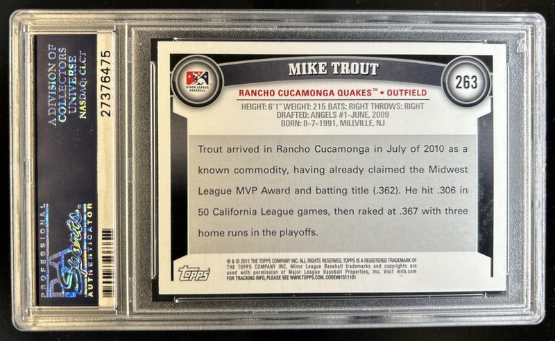 2011 Topps Pro Debut Mike Trout Rookie RC #263 PSA 10 GEM MINT view 2