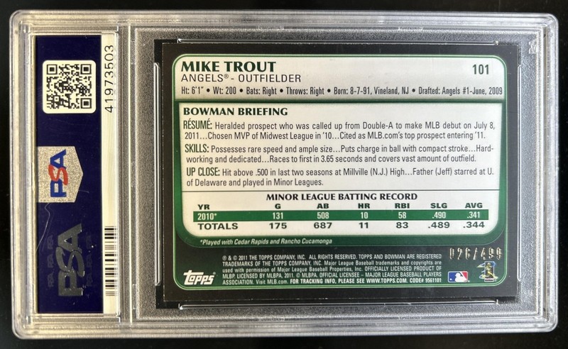 2011 Bowman Draft Picks & Prospects Mike Trout RC Blue #/499 Angels PSA 9 view 2