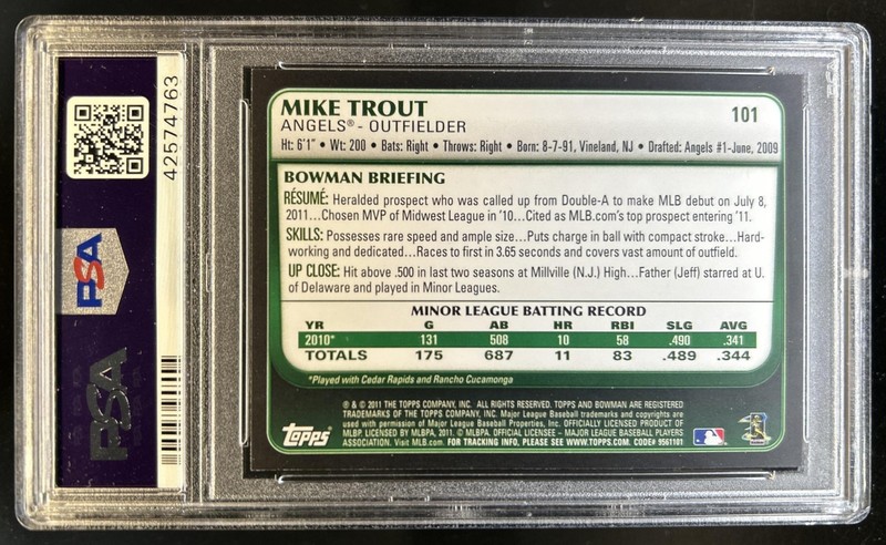 2011 Bowman Draft Picks & Prospects Mike Trout RC Rookie #101 Angels PSA 10 view 2