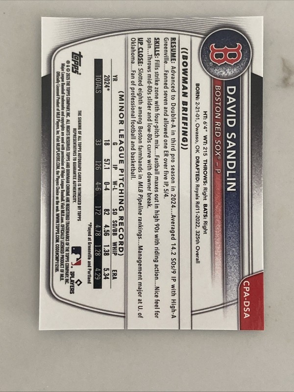 David Sandlin 2025 Bowman Chrome 1st Auto Autograph White Sox CPA-DSA QTY view 2