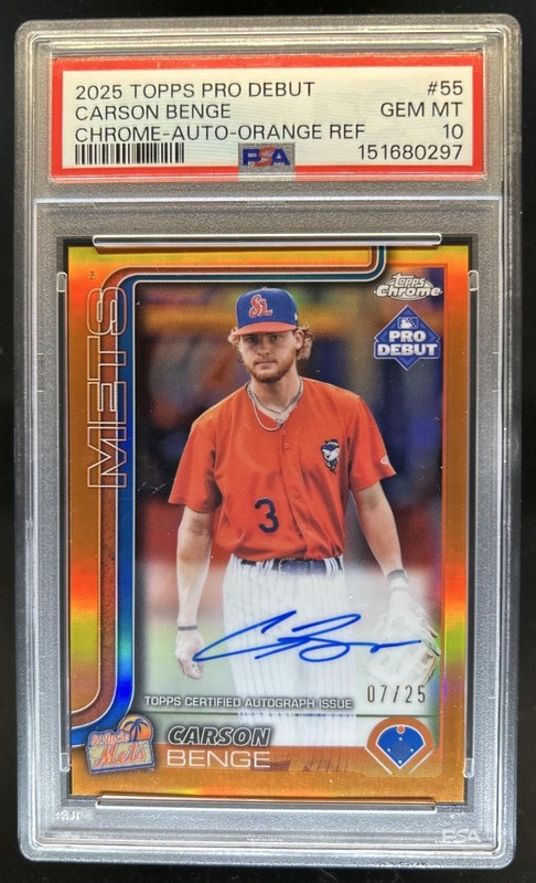 2025 Topps Pro Debut Carson Benge Orange Refractor Auto #7/25 PSA 10 GEM MINT
