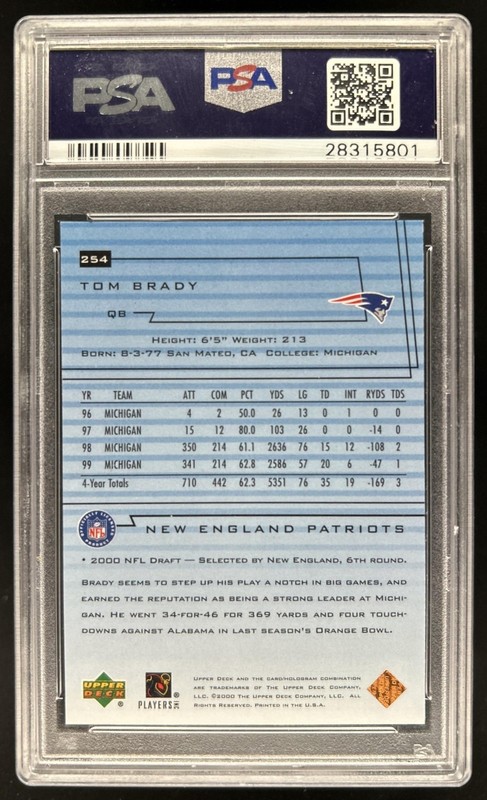 2000 Upper Deck Tom Brady Rookie RC #254 Patriots PSA 10 GEM MINT view 2