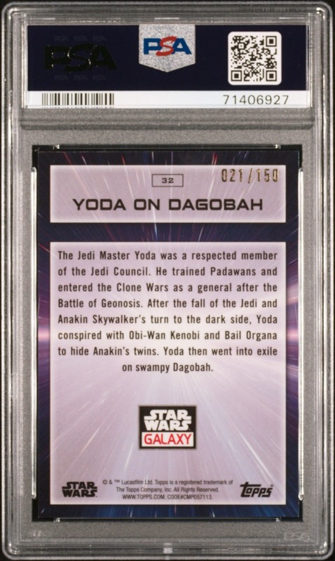 2022 Topps Chrome Star Wars Galaxy #32 YODA DAGOBAH Atomic Refractor #/150 PSA 9 view 2