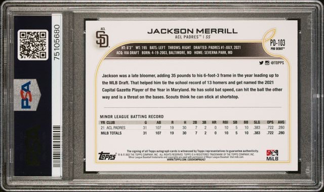 JACKSON MERRILL 2022 Topps Pro Debut #PD103 Autograph PSA 10 RC Auto Padres view 2