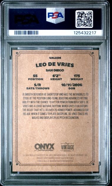 LEO DE VRIES 2024 Onyx Authenticated Vintage Baseball Blue Ink Auto PSA 8 POP 1 view 2