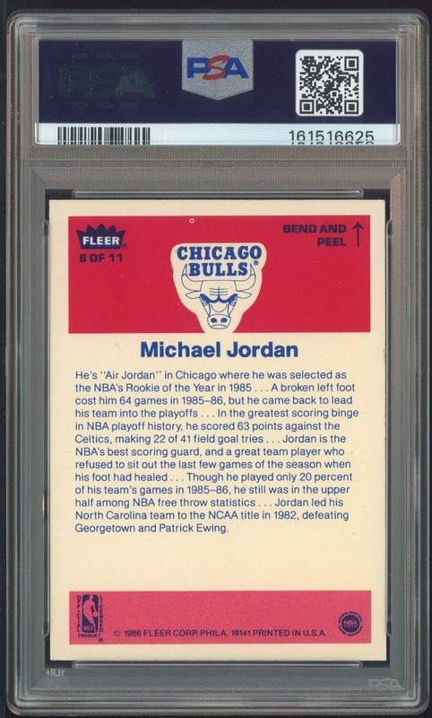 1986-87 Fleer Sticker Basketball #8 Michael Jordan RC Rookie HOF PSA 9 LOOKS GEM view 2
