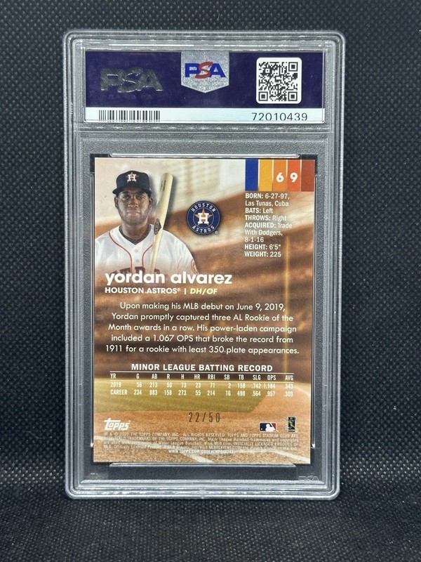 2020 Yordan Alvarez /50 Gold Stadium Club Chrome #69 RC Refractor PSA 10 view 2