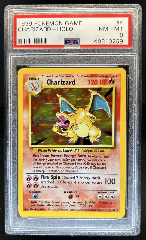 1999 Pokemon Unlimited Charizard Rare Holo #4/102 PSA 8