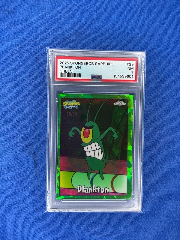 2025 TOPPS CHROME SPONGEBOB 25TH ANNIVERSARY GREEN 85/99 #29 PLANKTON PSA 7