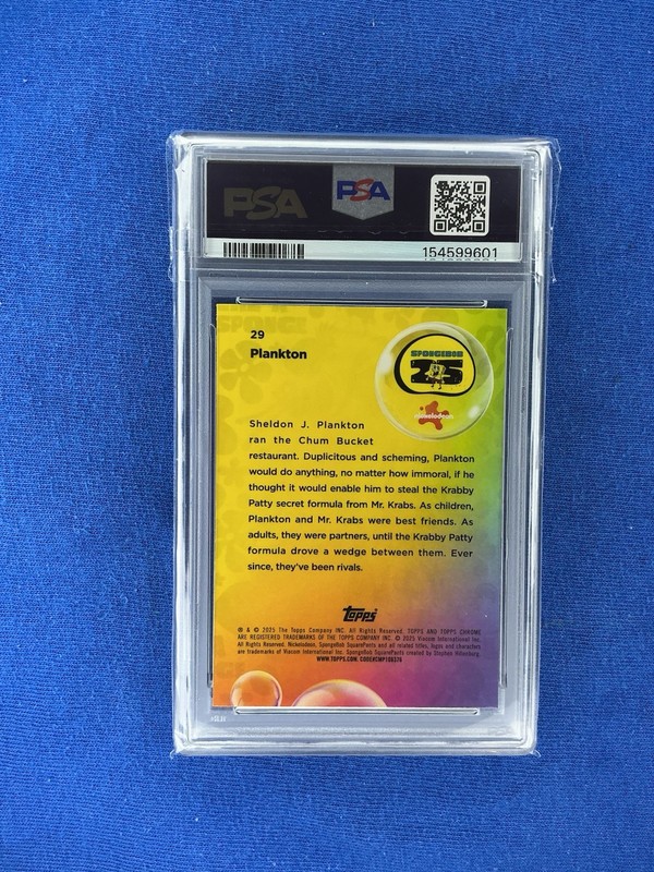 2025 TOPPS CHROME SPONGEBOB 25TH ANNIVERSARY GREEN 85/99 #29 PLANKTON PSA 7 view 2
