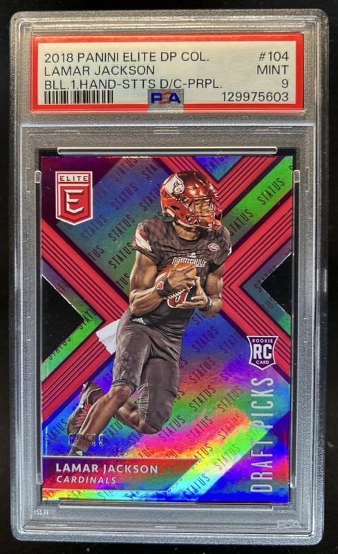 2018 Panini Elite Draft Picks Lamar Jackson RC Status Die Cut Purple #/99 PSA 9