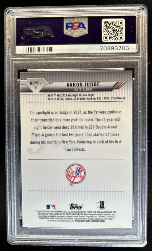 2017 Bowman Aaron Judge Rookie of the Year Favorites Chrome RC #ROYF-9 PSA 10 view 2