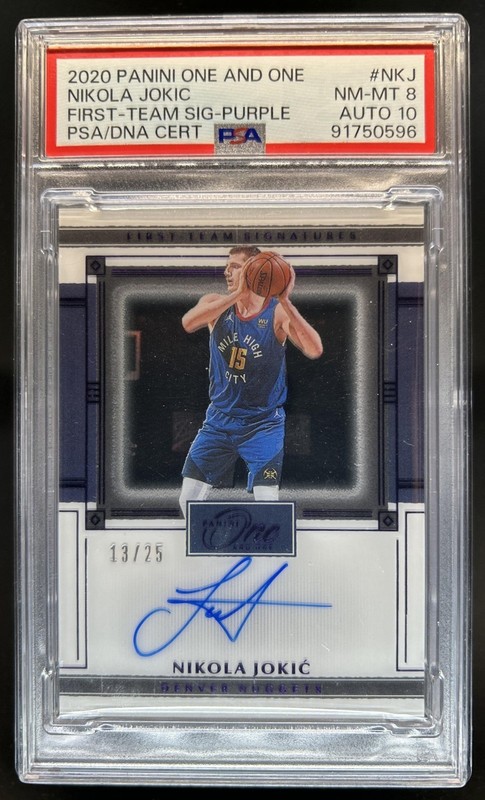 2020-21 One and One Nikola Jokic First Team Signatures Purple Auto #/25 PSA 8 10
