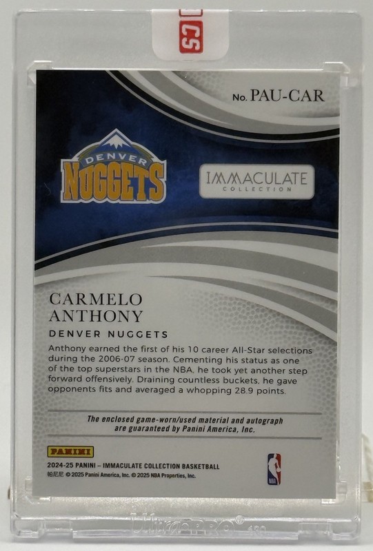 2024-25 Panini Immaculate Collection - Carmelo Anthony Game Worn Patch Auto /25 view 2