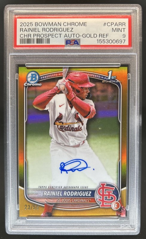 2025 Bowman Chrome Rainiel Rodriguez Auto Gold Refractor 1st Prospect #/50 PSA 9