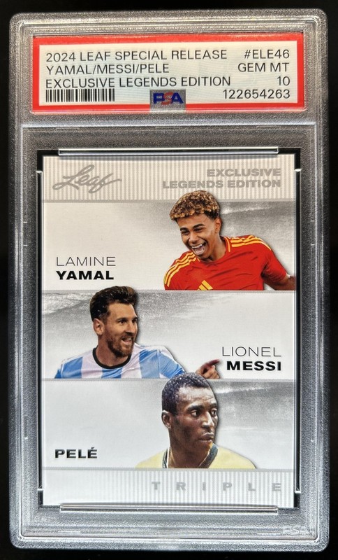 2024 Leaf Exclusive Legends Lamine Yamal Lionel Messi Pele #ELE-46 PSA 10