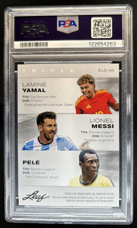 2024 Leaf Exclusive Legends Lamine Yamal Lionel Messi Pele #ELE-46 PSA 10 view 2