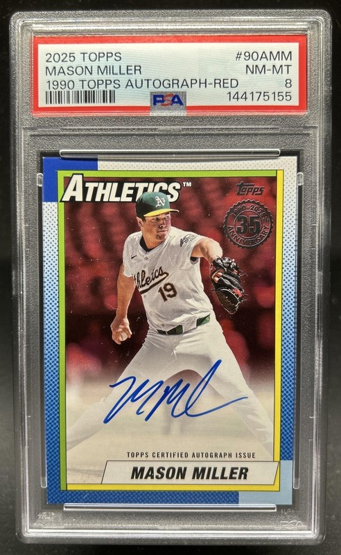 2025 Topps Mason Miller 1990 Baseball Auto Autograph Red #/5 Athletics PSA 8