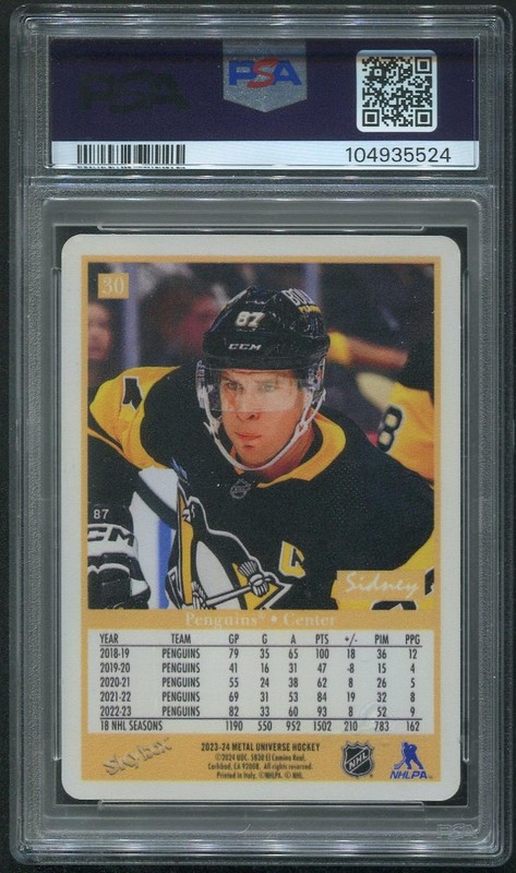 2023/24 Metal Universe Hockey #30 Sidney Crosby '90 Skybox Metal Retros PSA 10 view 2