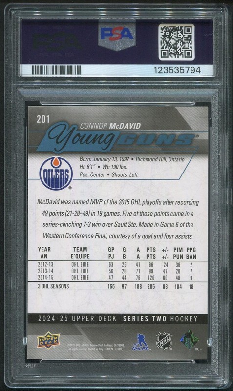 2024/25 Upper Deck Series 2 Hockey #201 Connor McDavid Young Guns Renewed PSA 10 view 2