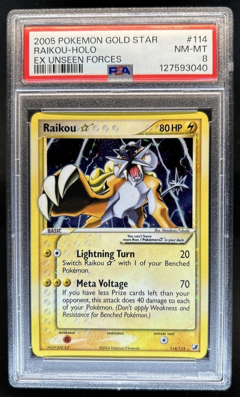 2005 Pokemon EX Unseen Forces Raikou Gold Star Holo #114/115 PSA 8