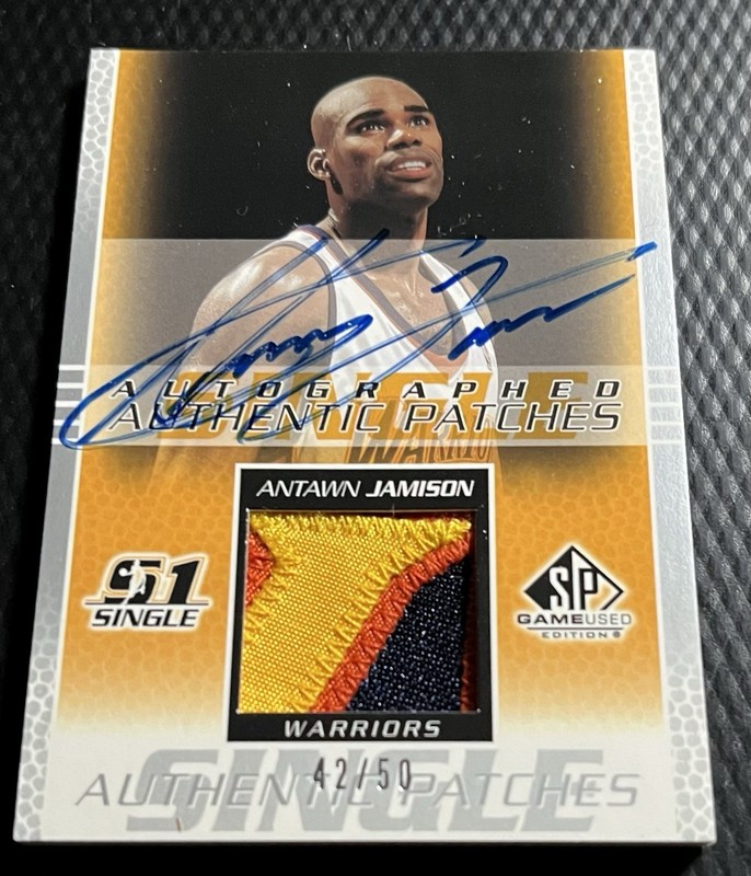 2003 Antawn Jamison Warriors 42/50 UD SP Game Used Auto / 3-Color Patch #AJ-AP